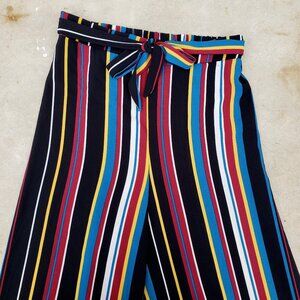 lightweight crepe full leg striped high waist pants with vintage style